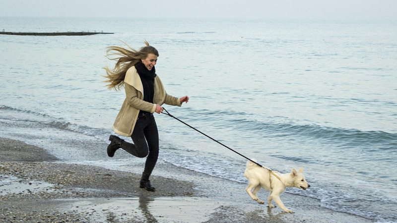 frau mit hund am strand